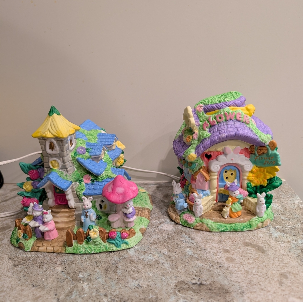 Cottontale Cottages Easter Village Flower Shop Church Porcelain Lighted Lot of 2